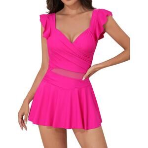 NWT UPOPBY Ruffle One Piece Swimdress Swimsuits M Tummy Control Swim Dress Pink